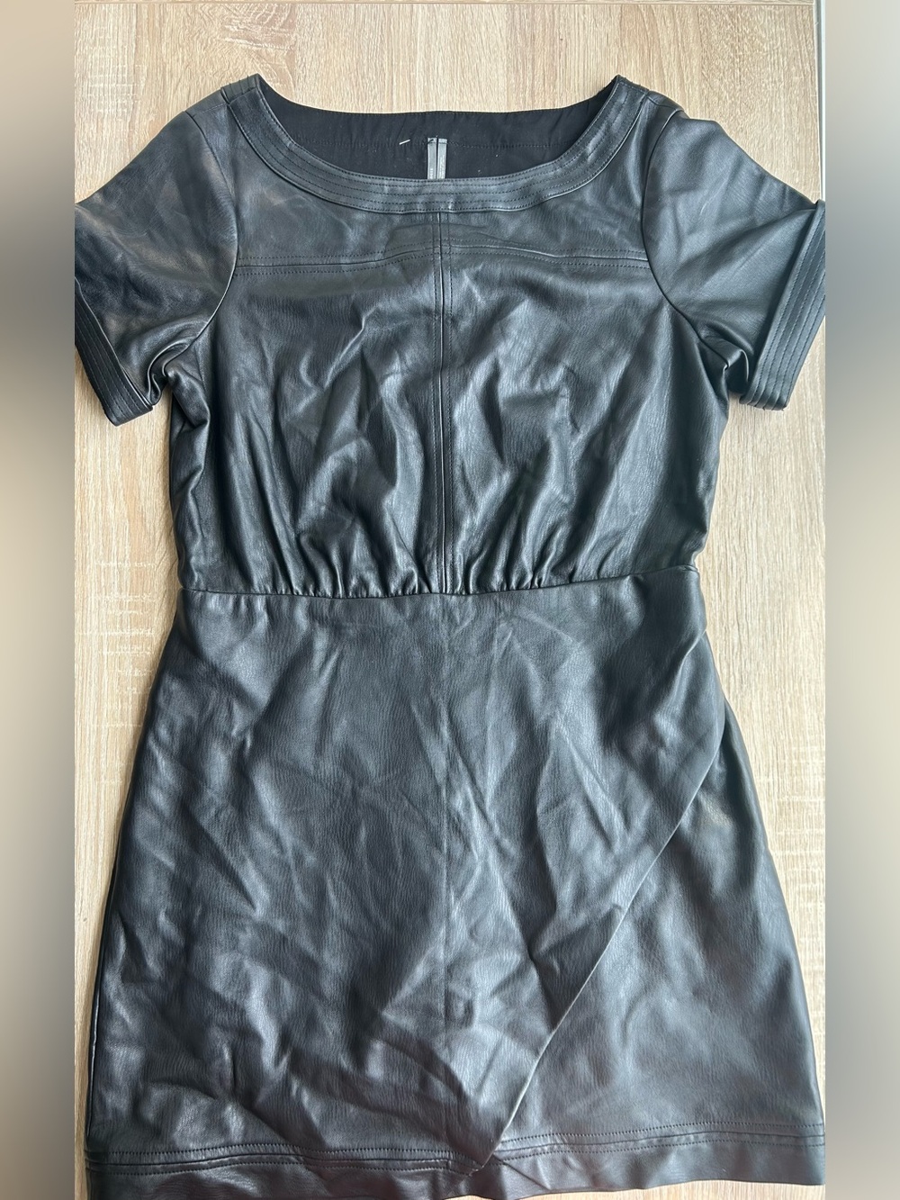 Anthropologie Black Faux Leather Short Sleeve Wrap Dress 10 - Picture 2 of 10
